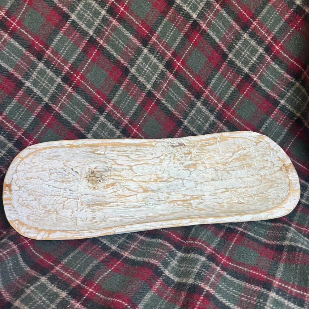 Hand Carved White Distressed Wood Dough Bowl Baguette Tray Primitive Centerpiece